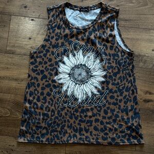 Zutter Graphic Tank Top Leopard Print Stay Wild Sunflower Shirt Brown Black Sz M